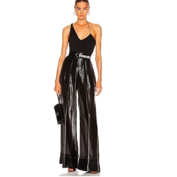 Cushnie et Ochs Silk Lame Metallic High Waisted Semi Sheer Pleated Wide Leg Pant